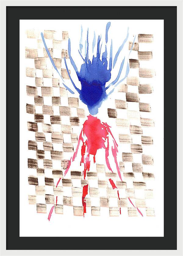 Damier Checkerboard Abstract Floral Composition Blue  Red Watercolor - Framed Print