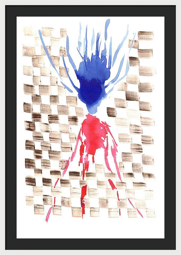 Damier Checkerboard Abstract Floral Composition Blue  Red Watercolor - Framed Print