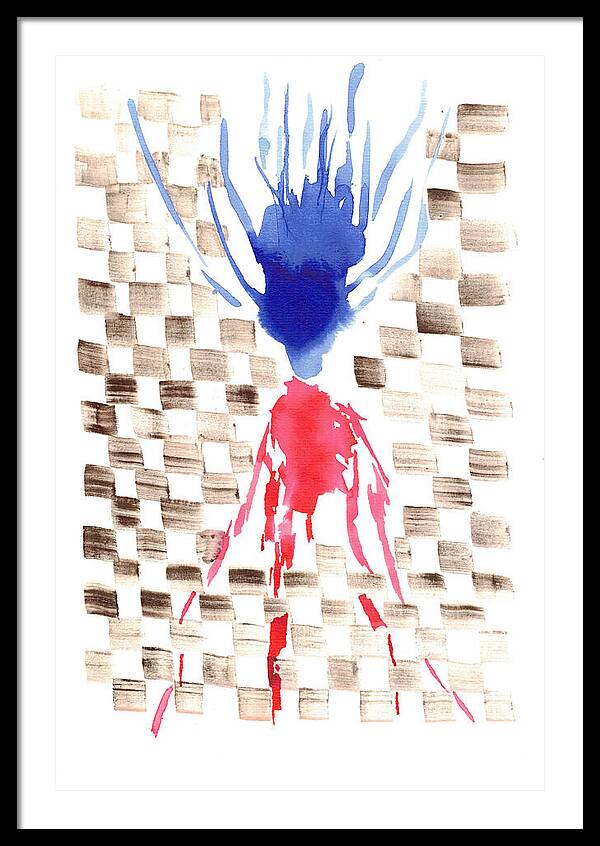 Damier Checkerboard Abstract Floral Composition Blue  Red Watercolor - Framed Print