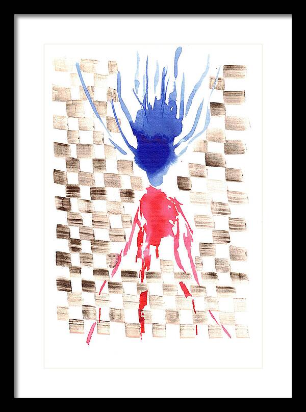Damier Checkerboard Abstract Floral Composition Blue  Red Watercolor - Framed Print