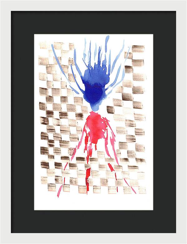 Damier Checkerboard Abstract Floral Composition Blue  Red Watercolor - Framed Print