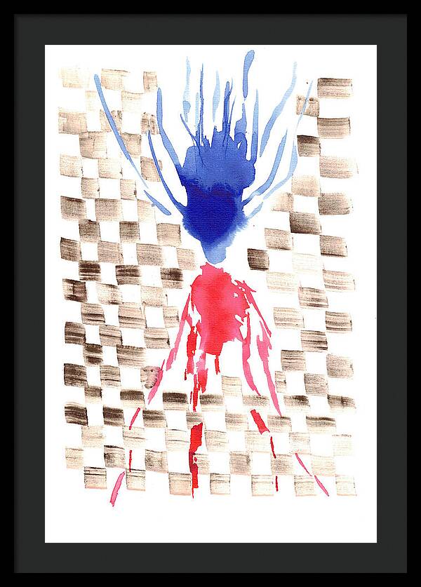 Damier Checkerboard Abstract Floral Composition Blue  Red Watercolor - Framed Print