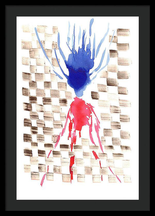 Damier Checkerboard Abstract Floral Composition Blue  Red Watercolor - Framed Print