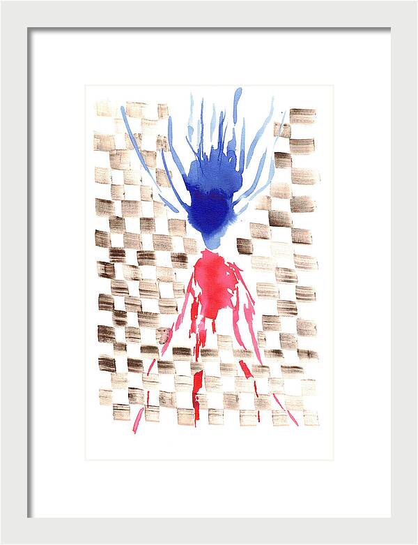 Damier Checkerboard Abstract Floral Composition Blue  Red Watercolor - Framed Print