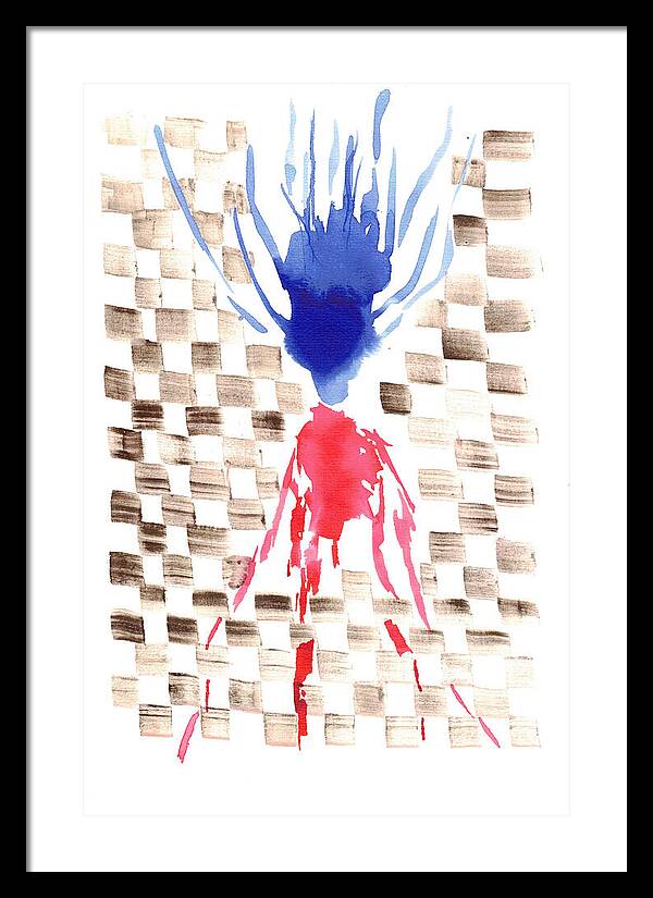 Damier Checkerboard Abstract Floral Composition Blue  Red Watercolor - Framed Print