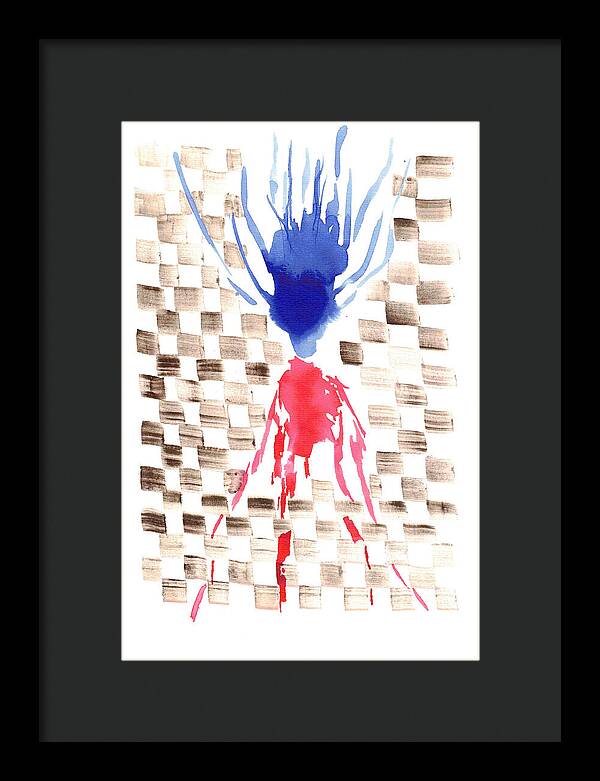 Damier Checkerboard Abstract Floral Composition Blue  Red Watercolor - Framed Print