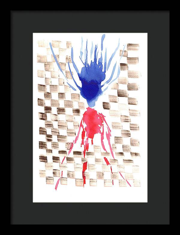 Damier Checkerboard Abstract Floral Composition Blue  Red Watercolor - Framed Print