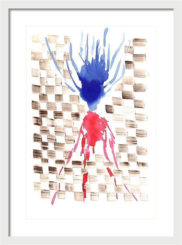 Damier Checkerboard Abstract Floral Composition Blue  Red Watercolor - Framed Print