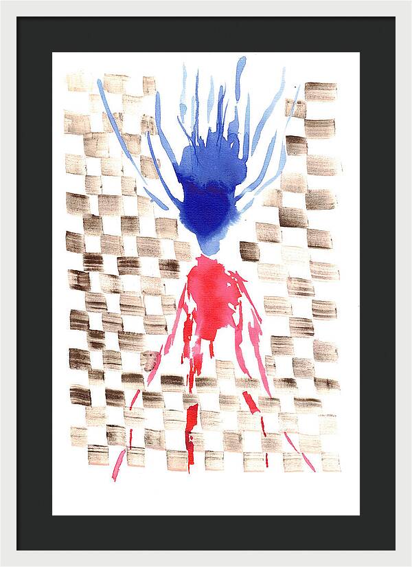 Damier Checkerboard Abstract Floral Composition Blue  Red Watercolor - Framed Print