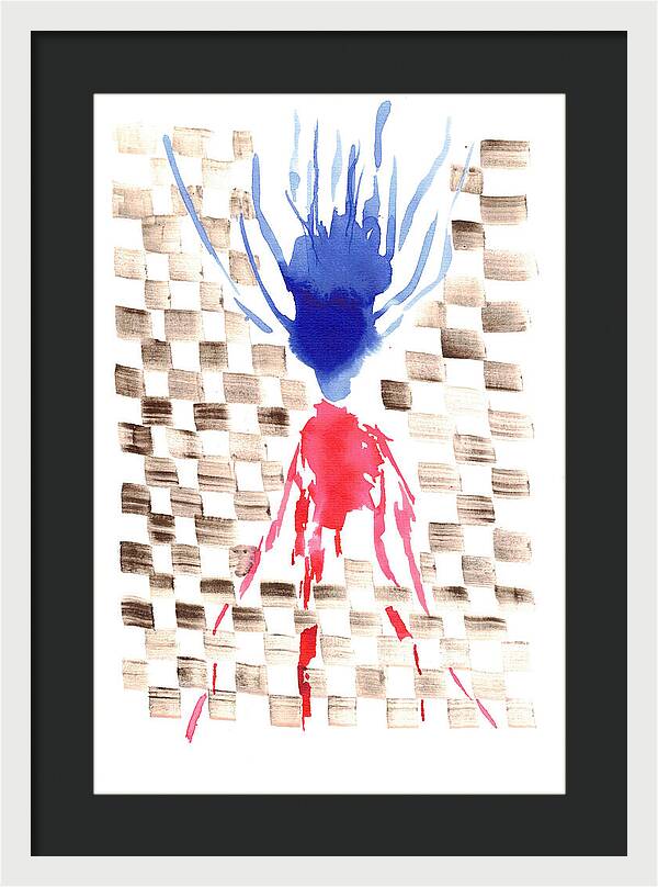 Damier Checkerboard Abstract Floral Composition Blue  Red Watercolor - Framed Print