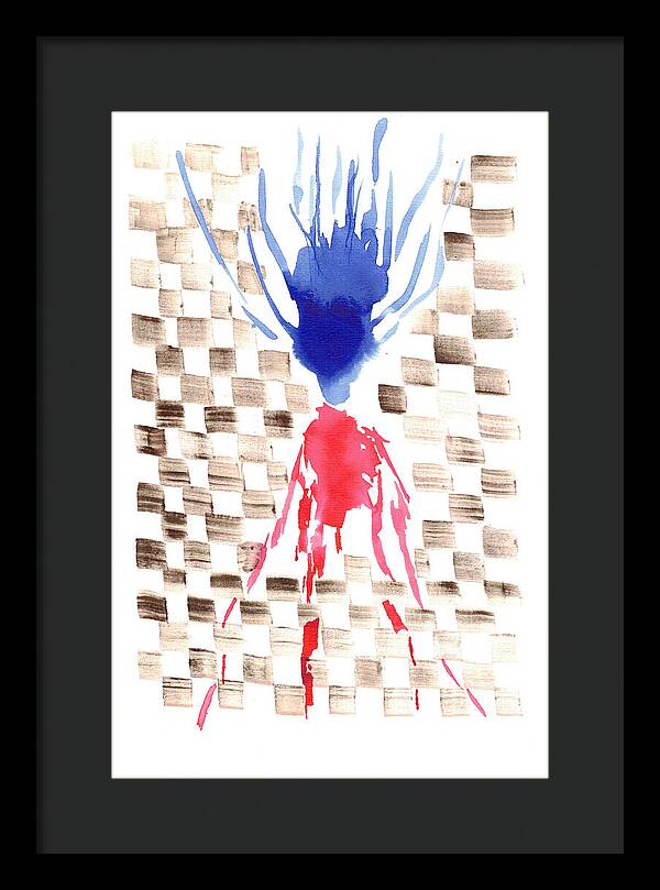Damier Checkerboard Abstract Floral Composition Blue  Red Watercolor - Framed Print