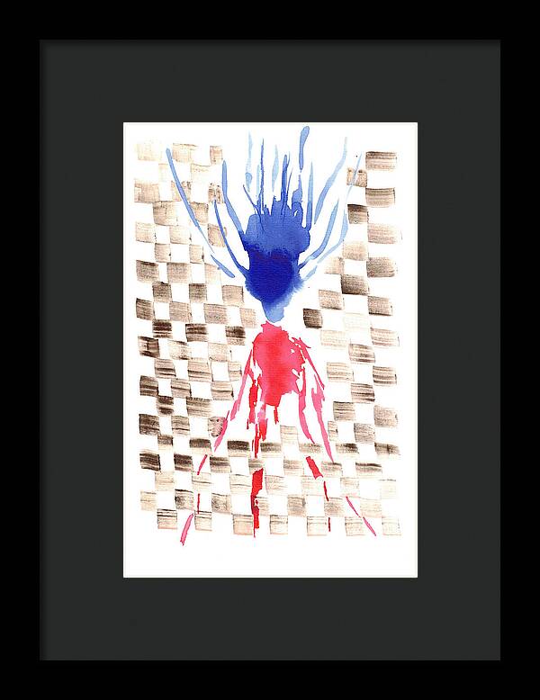 Damier Checkerboard Abstract Floral Composition Blue  Red Watercolor - Framed Print