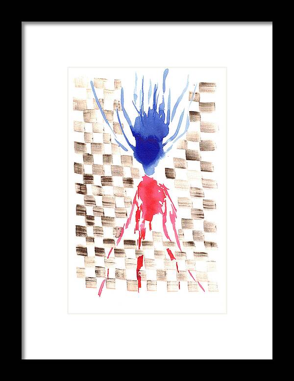 Damier Checkerboard Abstract Floral Composition Blue  Red Watercolor - Framed Print