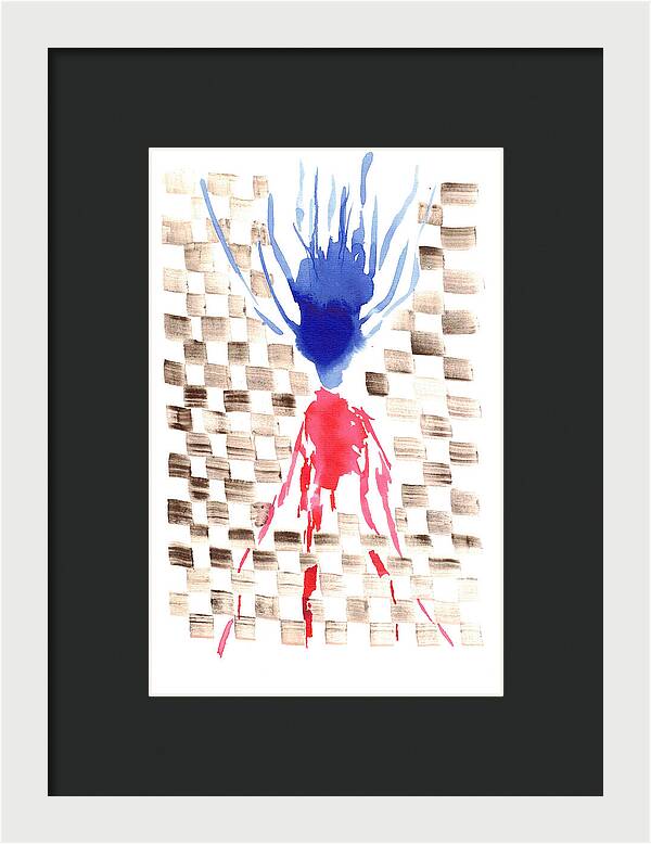 Damier Checkerboard Abstract Floral Composition Blue  Red Watercolor - Framed Print
