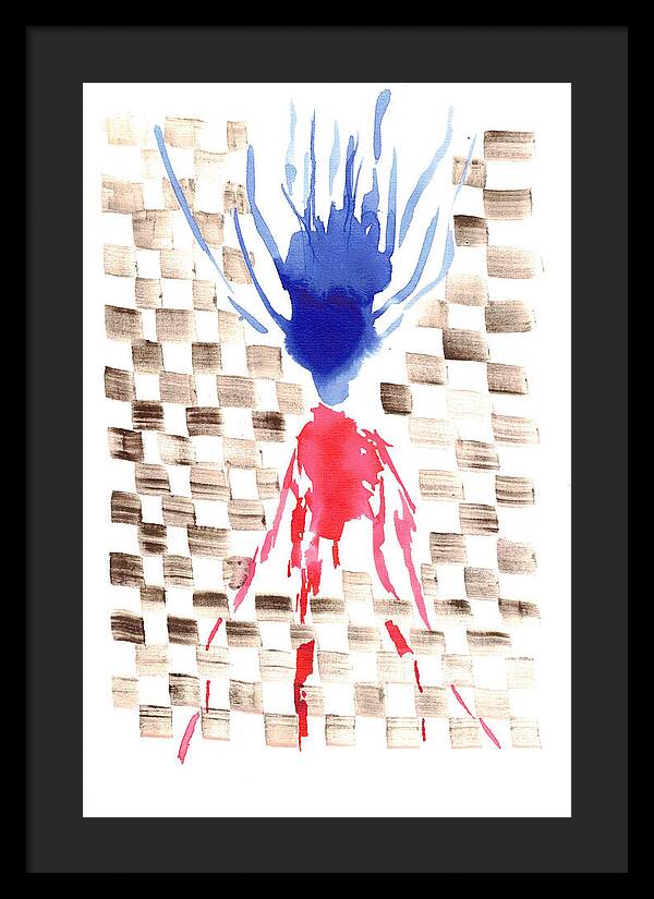 Damier Checkerboard Abstract Floral Composition Blue  Red Watercolor - Framed Print