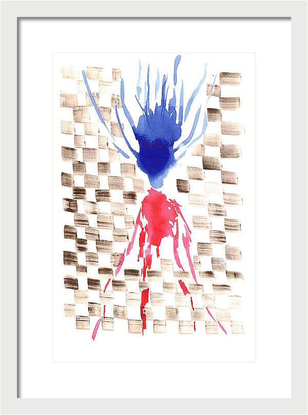 Damier Checkerboard Abstract Floral Composition Blue  Red Watercolor - Framed Print