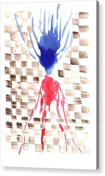 Damier Checkerboard Abstract Floral Composition Blue  Red Watercolor - Acrylic Print