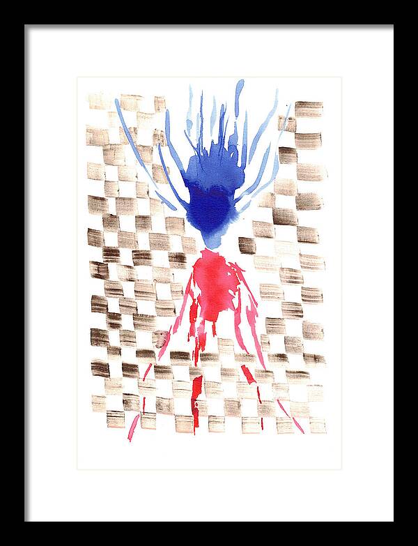 Damier Checkerboard Abstract Floral Composition Blue  Red Watercolor - Framed Print