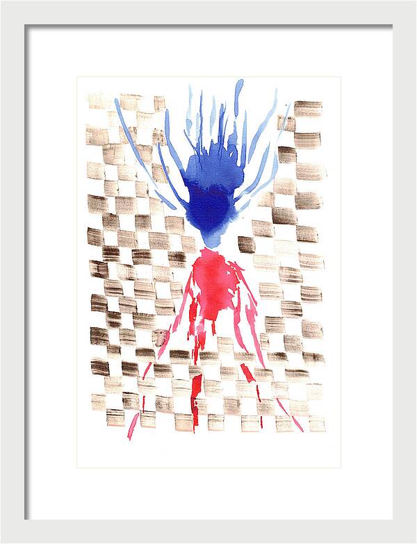 Damier Checkerboard Abstract Floral Composition Blue  Red Watercolor - Framed Print
