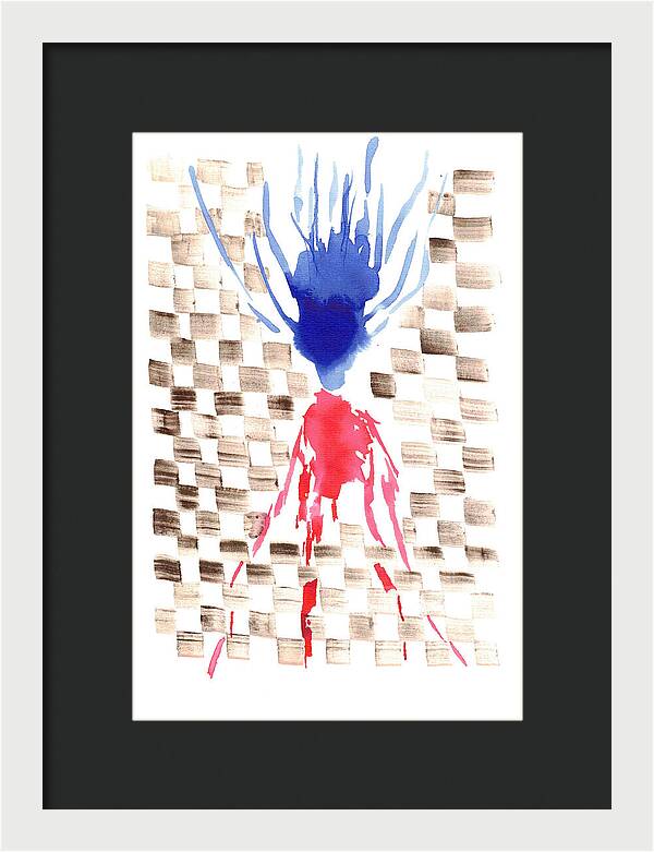 Damier Checkerboard Abstract Floral Composition Blue  Red Watercolor - Framed Print