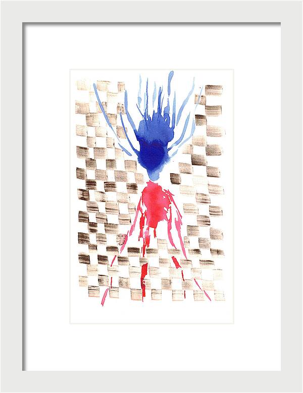 Damier Checkerboard Abstract Floral Composition Blue  Red Watercolor - Framed Print