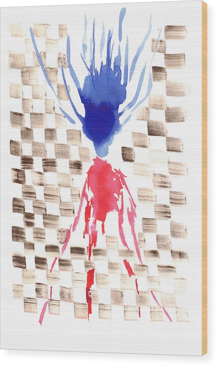 Damier Checkerboard Abstract Floral Composition Blue  Red Watercolor - Wood Print