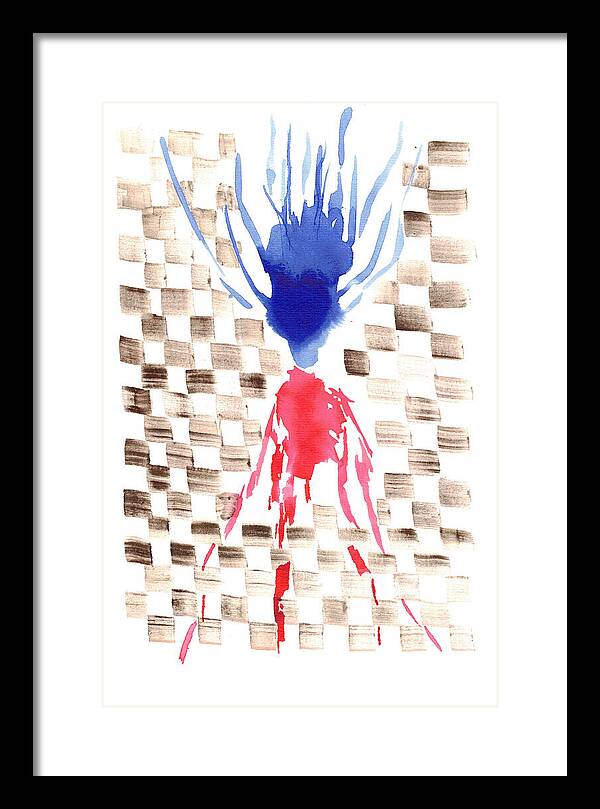 Damier Checkerboard Abstract Floral Composition Blue  Red Watercolor - Framed Print