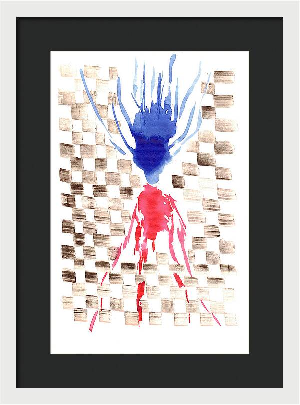 Damier Checkerboard Abstract Floral Composition Blue  Red Watercolor - Framed Print