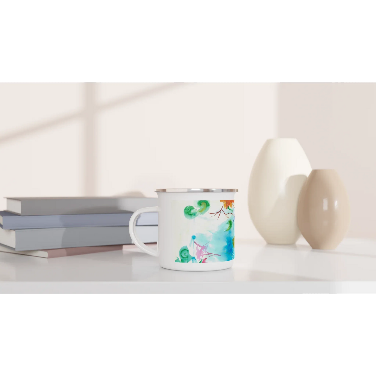 Mug en émail blanc 35 cl Jardin Lumineux – Léger, vintage et résistant - Laure Leprince - Artiste Peintre