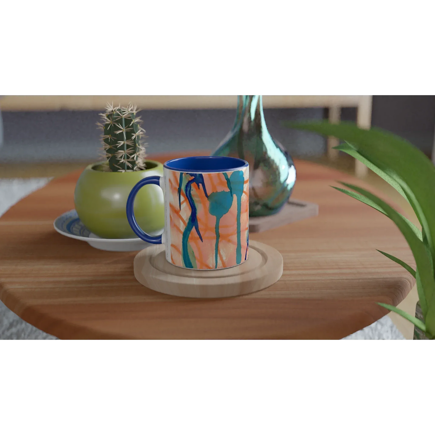 White 11oz Ceramic Mug with Color Inside Saphir Ambre - Laure Leprince - Artiste Peintre