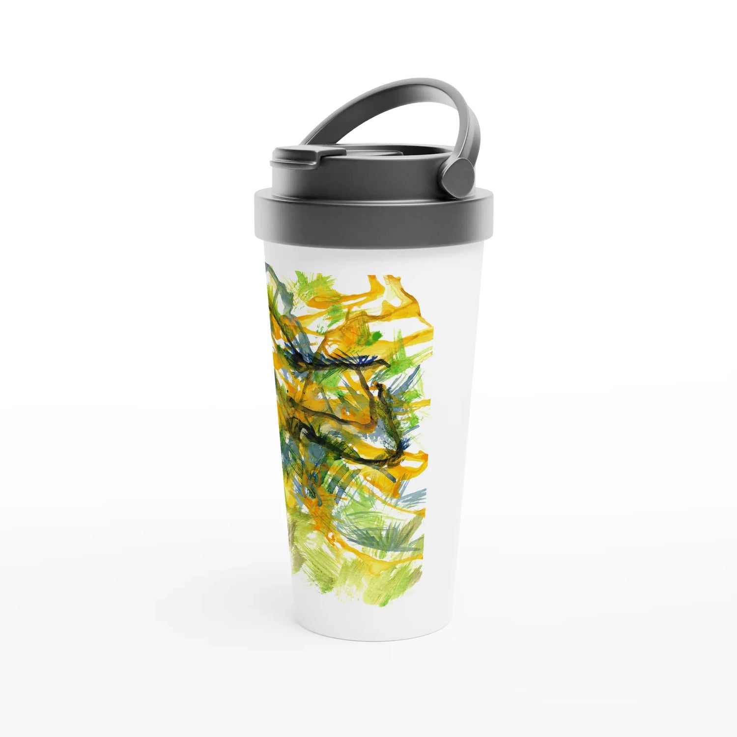 Mug de voyage blanc en acier inoxydable – 44 cl Tempête Solaire | Élégant, pratique et isotherme - Laure Leprince - Artiste Peintre
