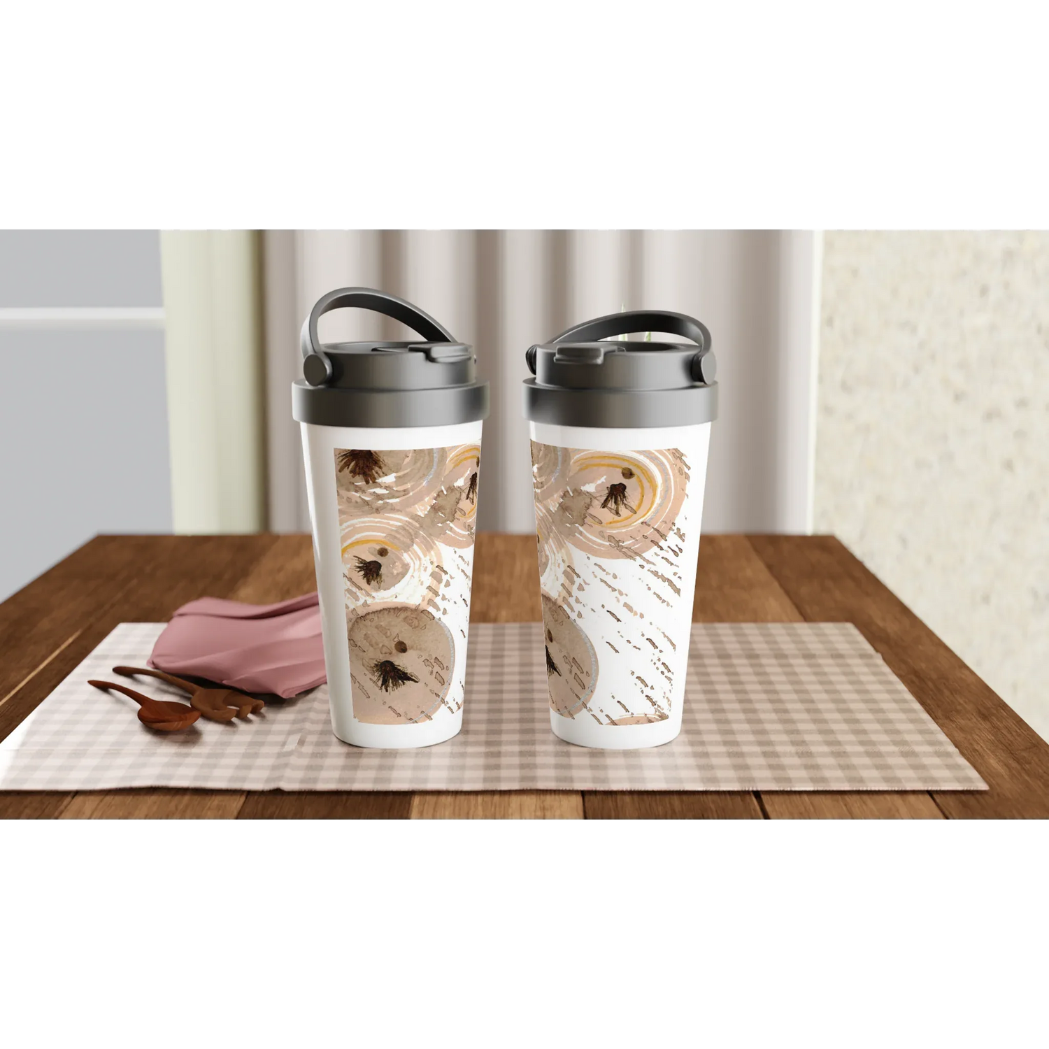 Mug de voyage blanc en acier inoxydable – 44 cl Sables stellaires | Élégant, pratique et isotherme - Laure Leprince - Artiste Peintre