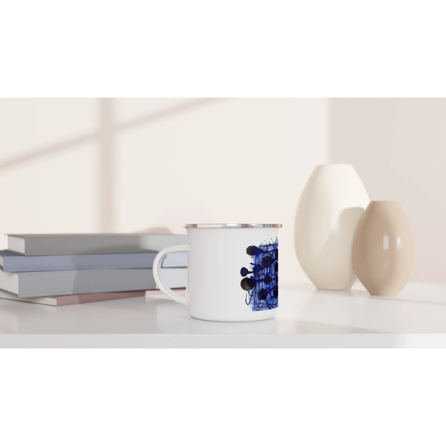 Mug en émail blanc 35 cl Silence Indigo – Léger, vintage et résistant - Laure Leprince - Artiste Peintre