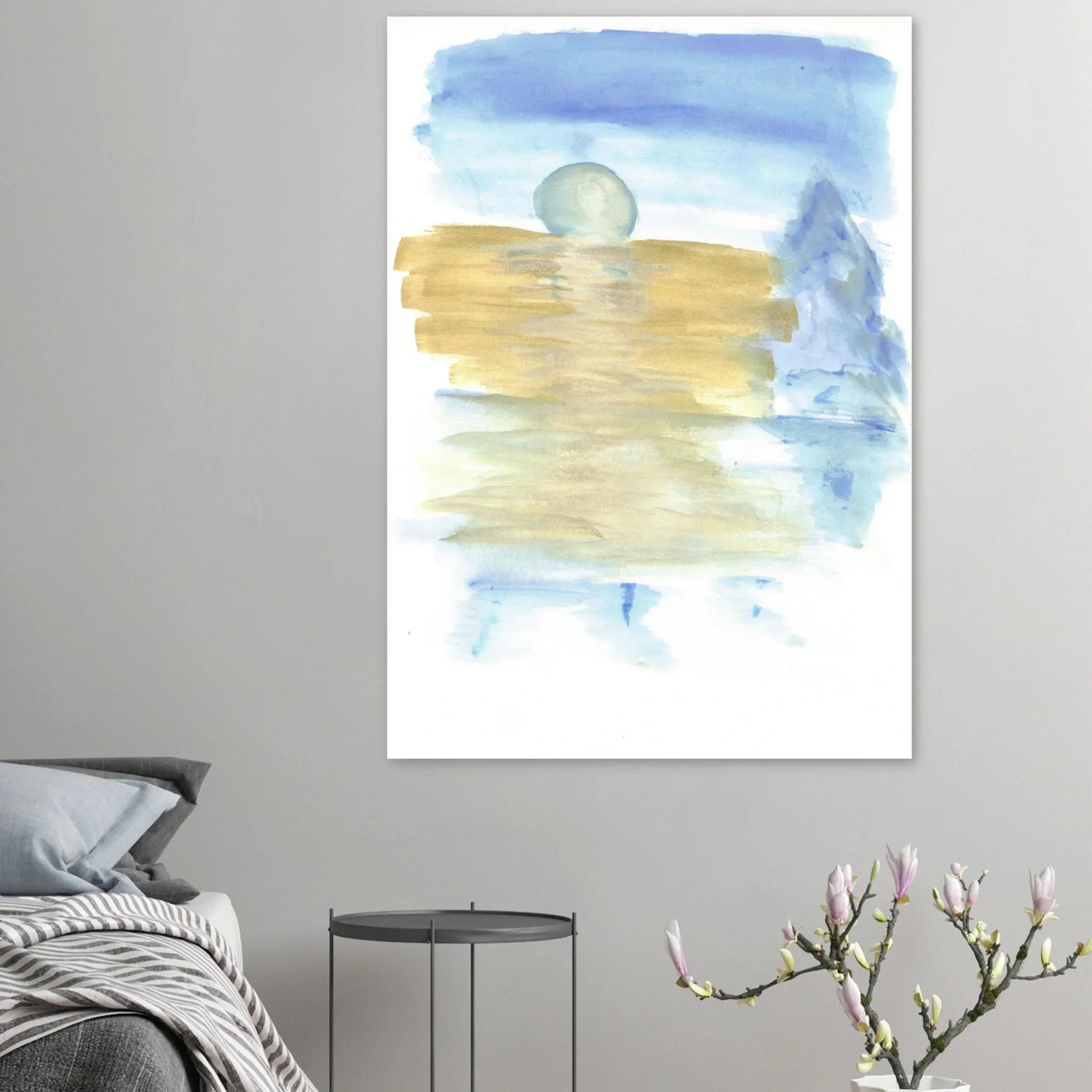 Abstract Horizon Watercolor Art Print – Serene Gold & Blue Landscape Poster for Modern Decor - Laure Leprince - Artiste Peintre