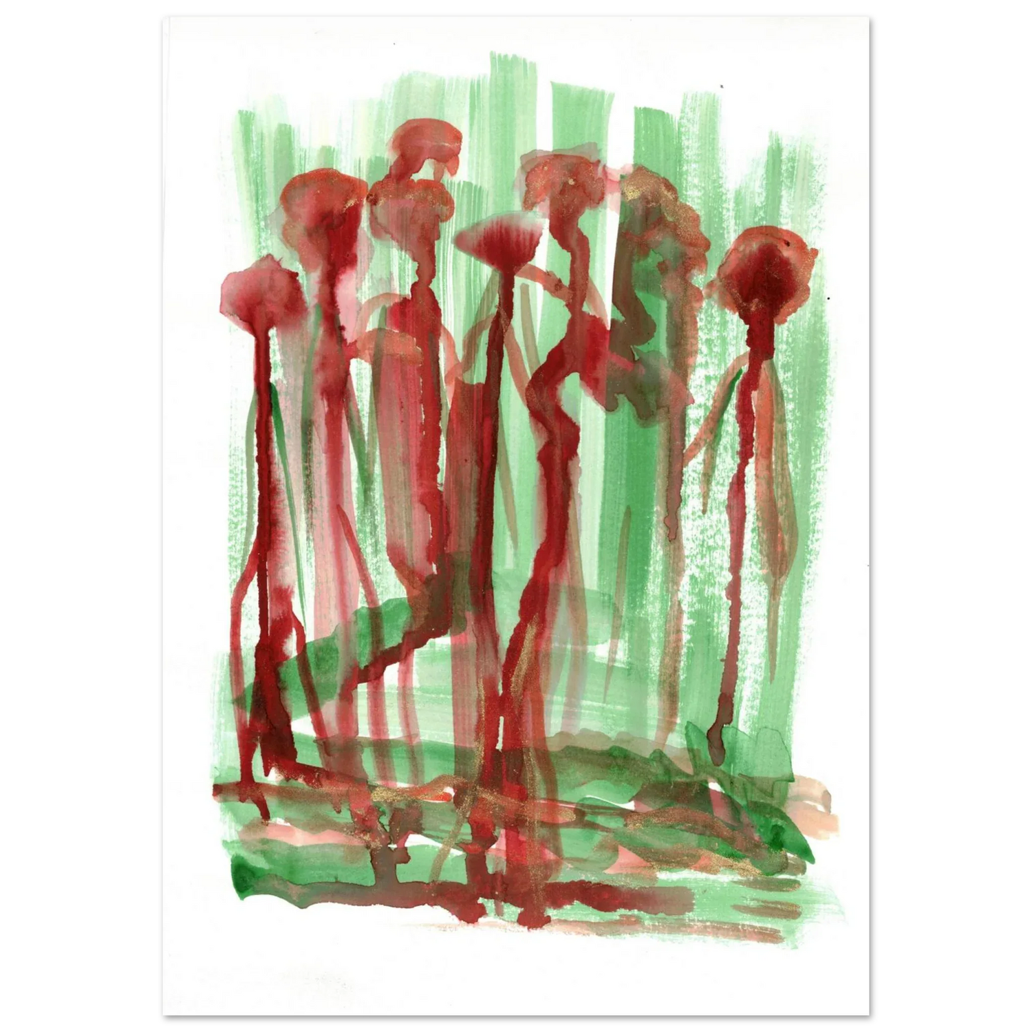 Abstract Floral Garden Premium Matte Poster - Vibrant Red & Green Watercolor Art (RDJ3-1) - Laure Leprince - Artiste Peintre