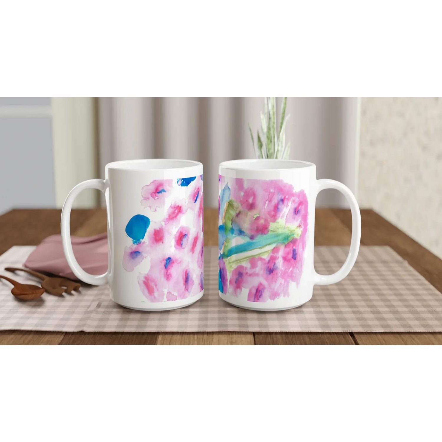Mug en céramique blanche 44 cl Bouquets rosé – Grand format, design et qualité durable - Laure Leprince - Artiste Peintre