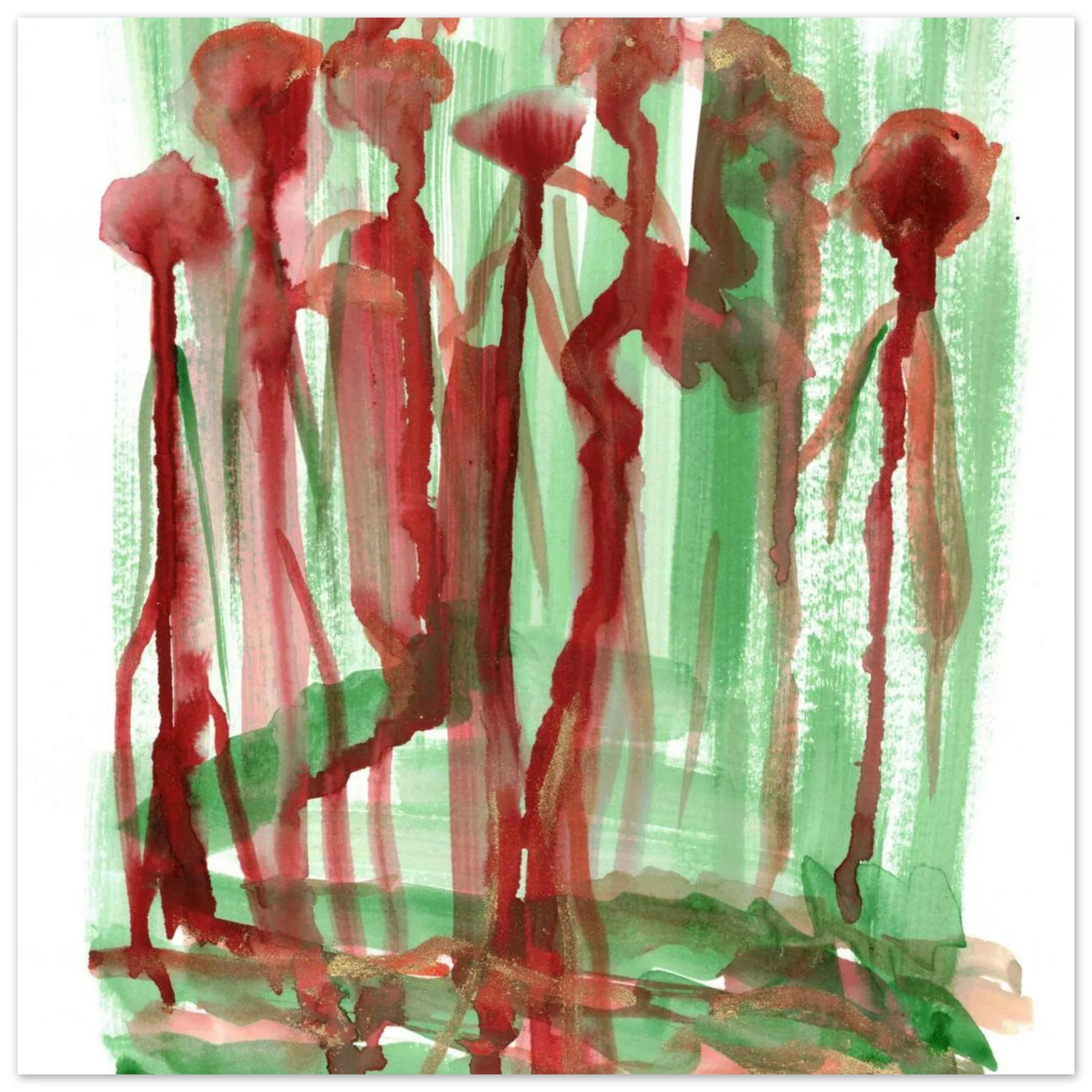 Abstract Floral Garden Premium Matte Poster - Vibrant Red & Green Watercolor Art (RDJ3-1) - Laure Leprince - Artiste Peintre