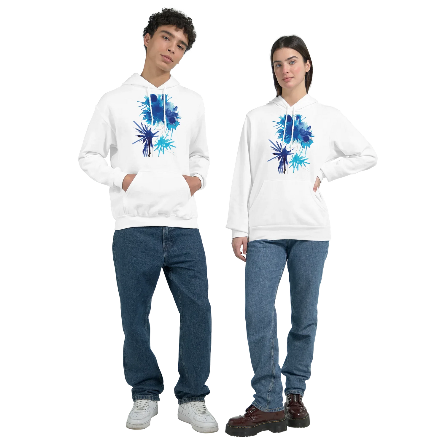 Sweat à capuche unisexe artistique Bleuets| Gildan® 18500 White - Laure Leprince - Artiste Peintre