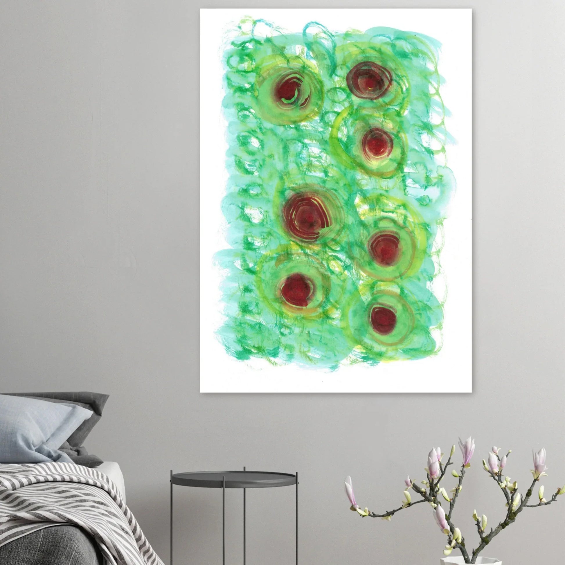 Abstract Floral Bloom Watercolor Poster - Vibrant Green & Red Art Print RDJ3-1 - Laure Leprince - Artiste Peintre