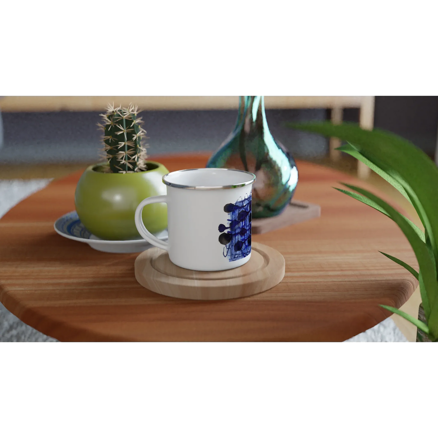 Mug en émail blanc 35 cl Silence Indigo – Léger, vintage et résistant - Laure Leprince - Artiste Peintre