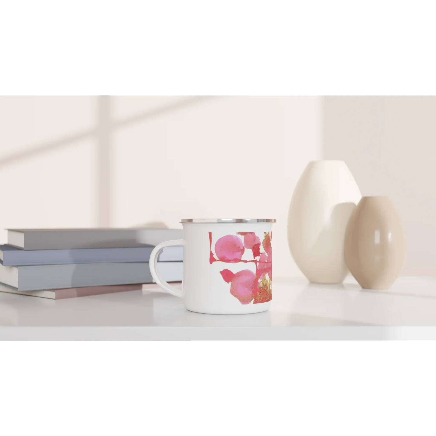 Mug en émail blanc 35 cl Reseau Framboise – Léger, vintage et résistant - Laure Leprince - Artiste Peintre