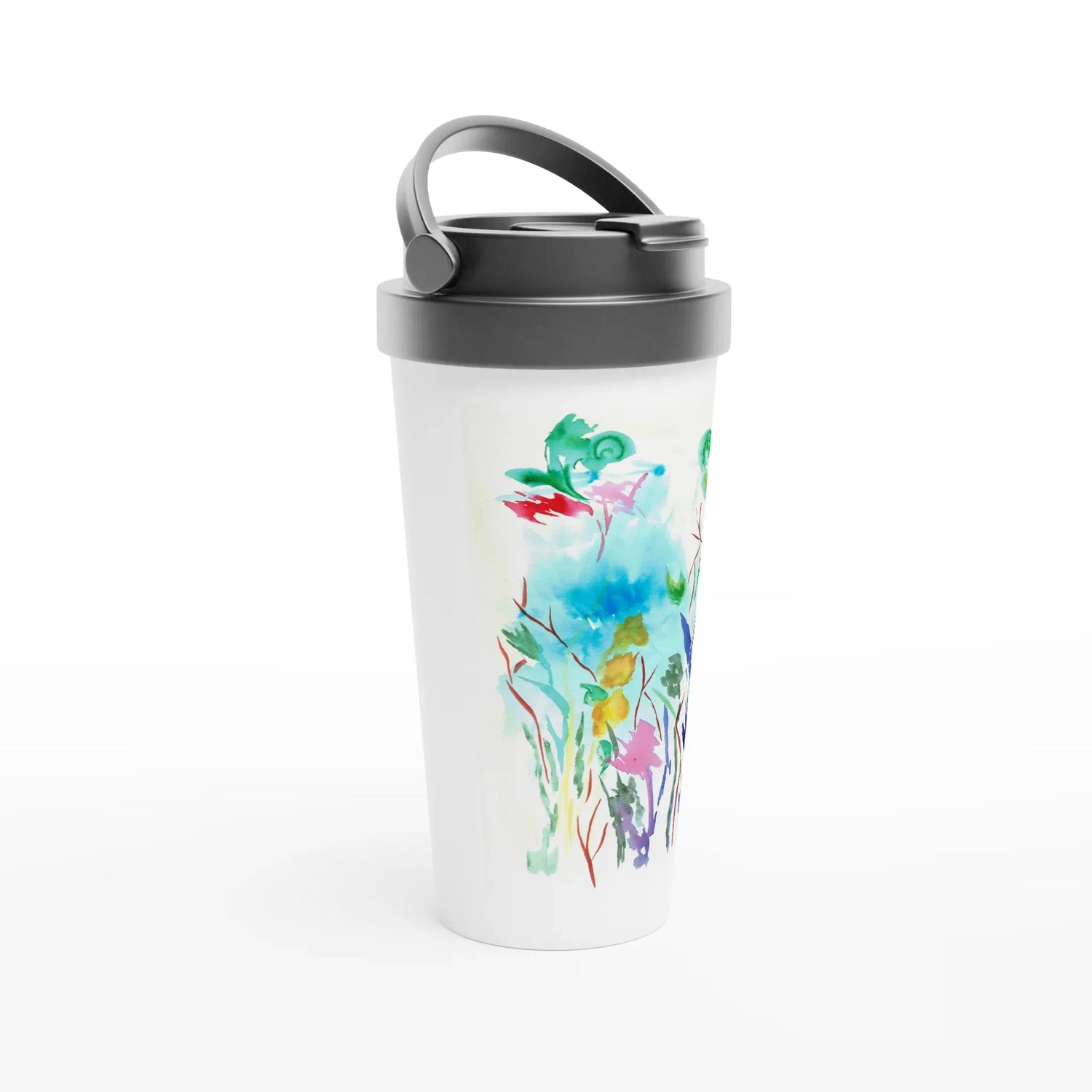 Mug de voyage blanc en acier inoxydable – 44 cl Jardin Lumineux | Élégant, pratique et isotherme - Laure Leprince - Artiste Peintre