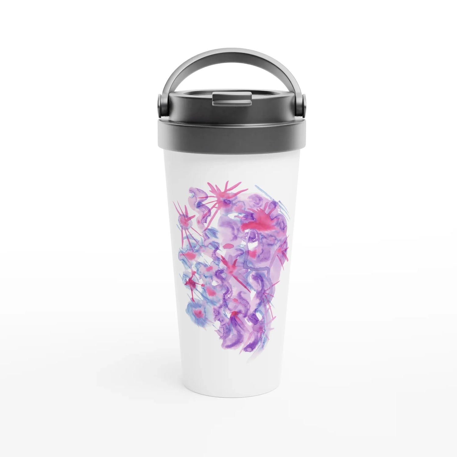 Mug de voyage blanc en acier inoxydable – 44 cl Nebuleuse Pourpre Élégant, pratique et isotherme - Laure Leprince - Artiste Peintre