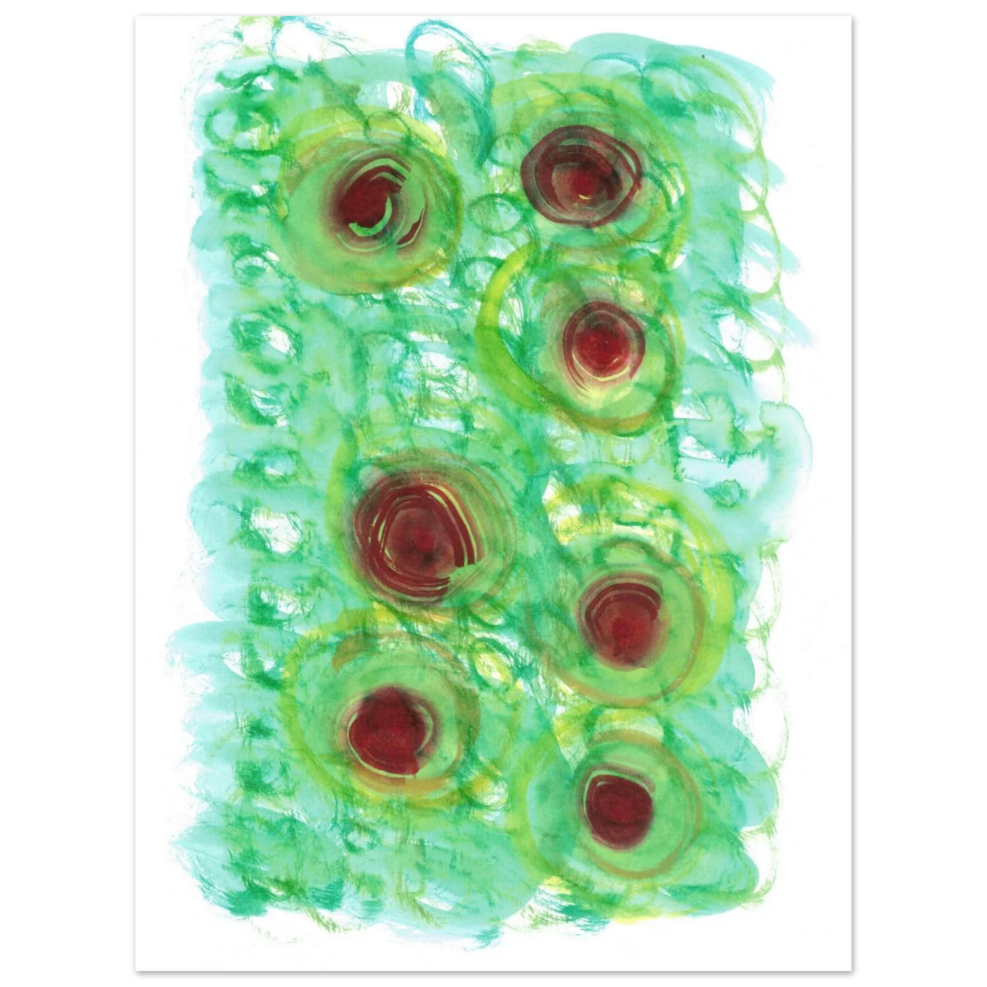 Abstract Floral Bloom Watercolor Poster - Vibrant Green & Red Art Print RDJ3-1 - Laure Leprince - Artiste Peintre
