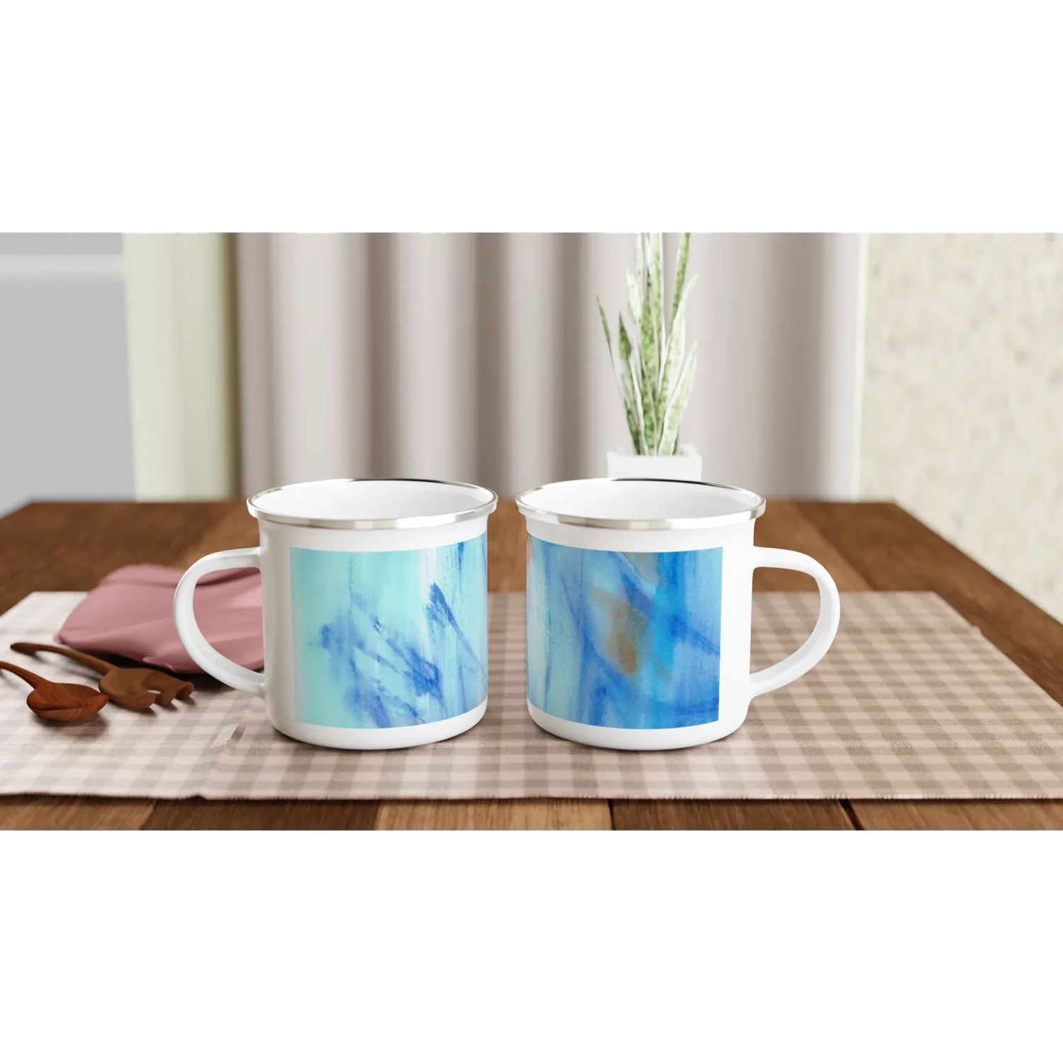 Mug en émail blanc 35 cl City Blue Sprouts – Léger, vintage et résistant - Laure Leprince - Artiste Peintre