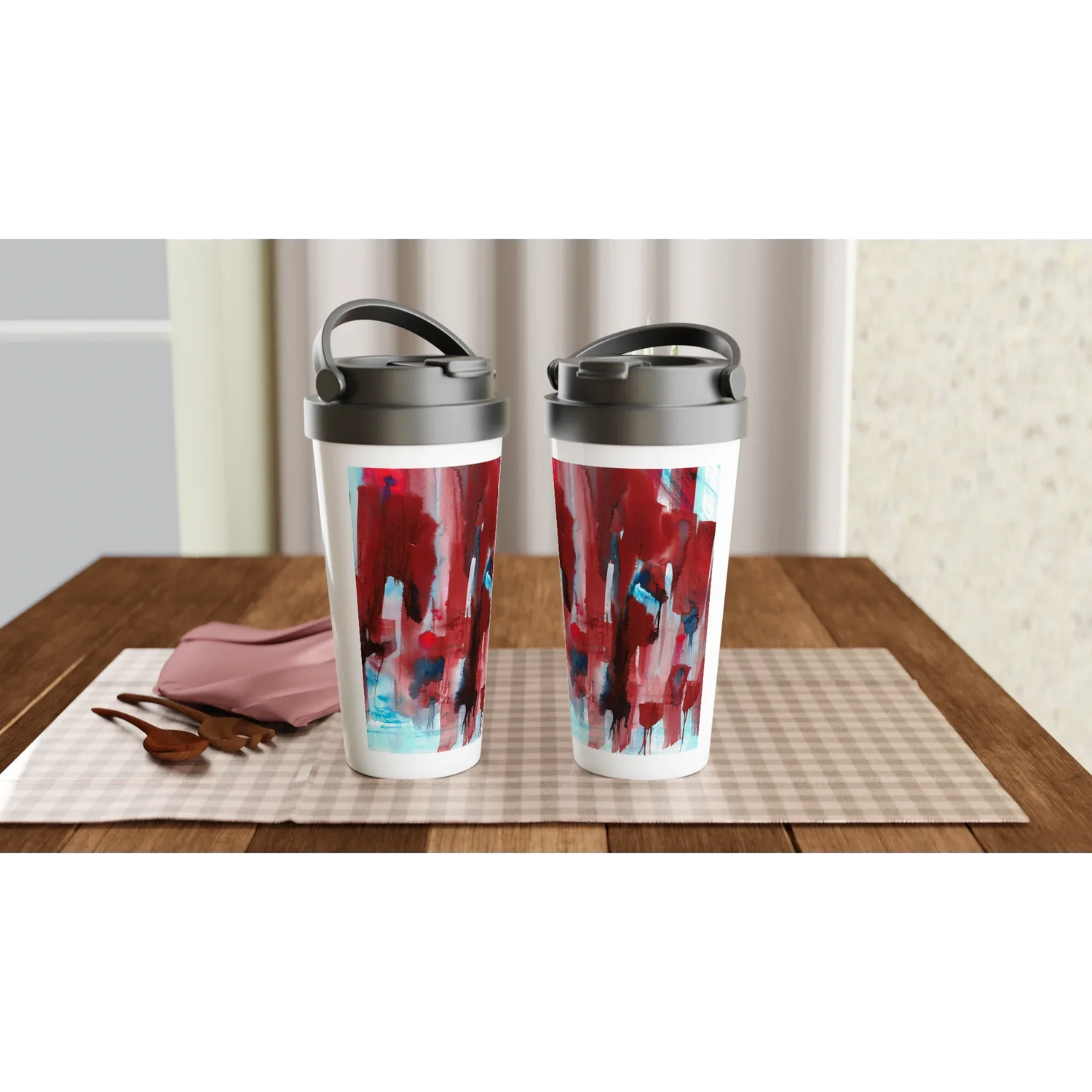 Mug de voyage isotherme 450 ml (15 oz) Crimson Tower - Étanche, réutilisable et design artistique - Laure Leprince - Artiste Peintre