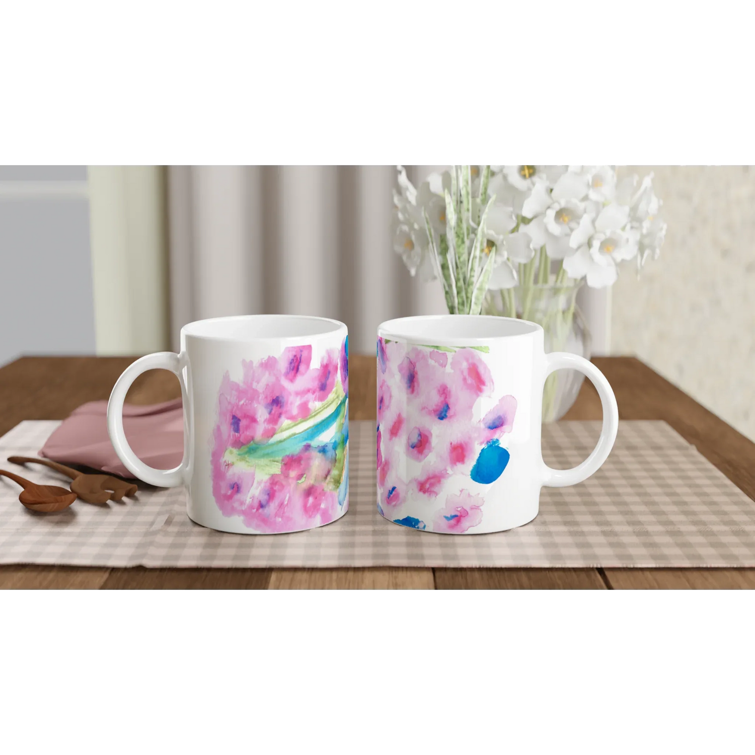 Mug en céramique blanche 325 ml Bouquets Rosé – Élégance, sécurité et durabilité - Laure Leprince - Artiste Peintre