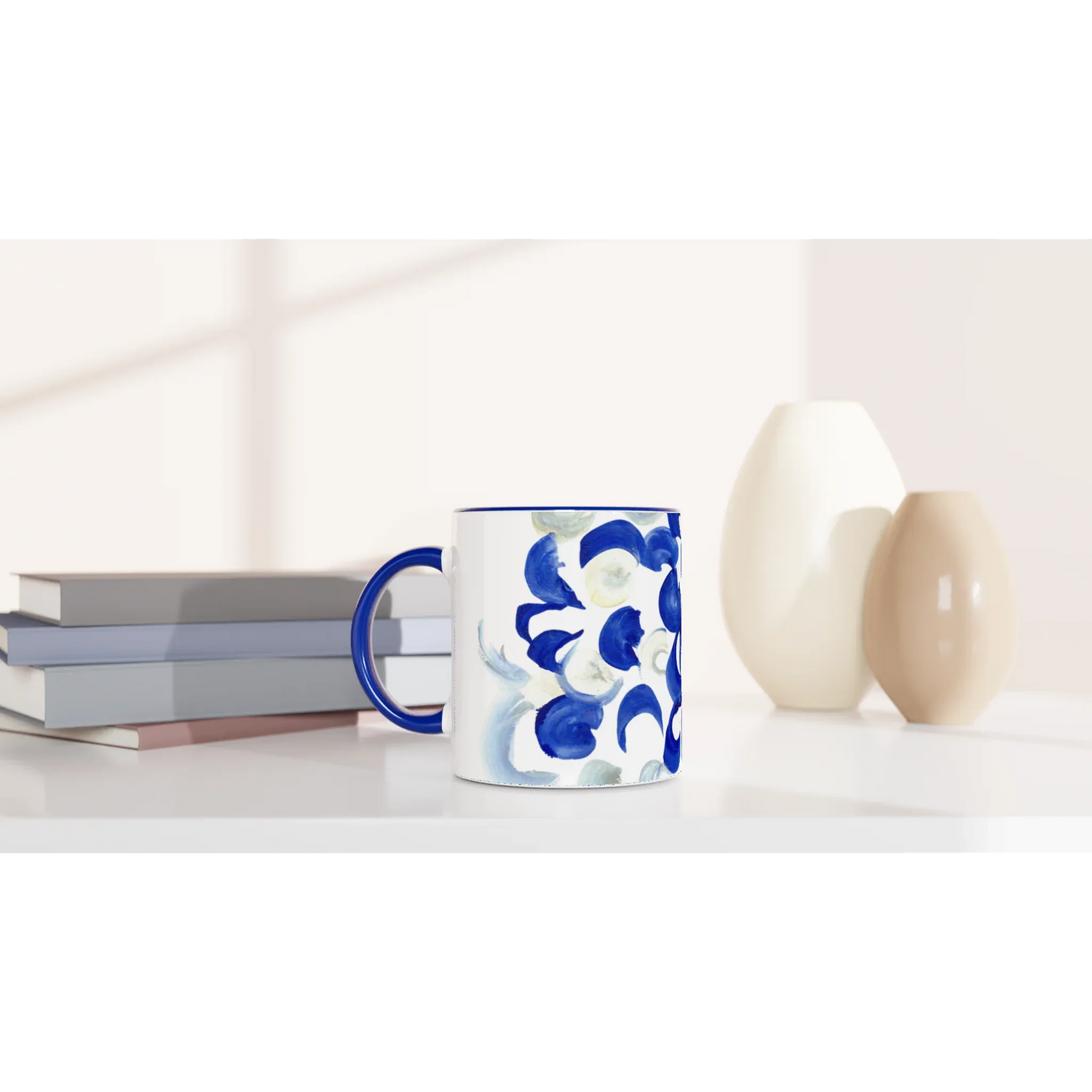 Mug 11oz - 325 ml - Ceramic Mug with Color Inside Blue swirls - Laure Leprince - Artiste Peintre