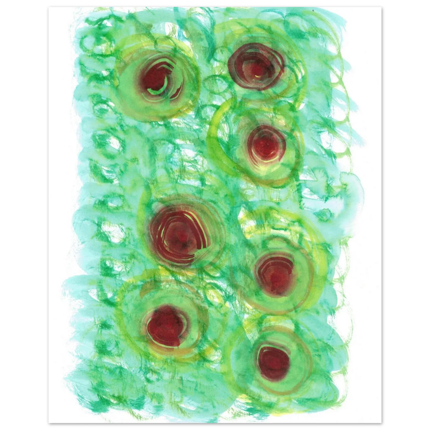 Abstract Floral Bloom Watercolor Poster - Vibrant Green & Red Art Print RDJ3-1 - Laure Leprince - Artiste Peintre