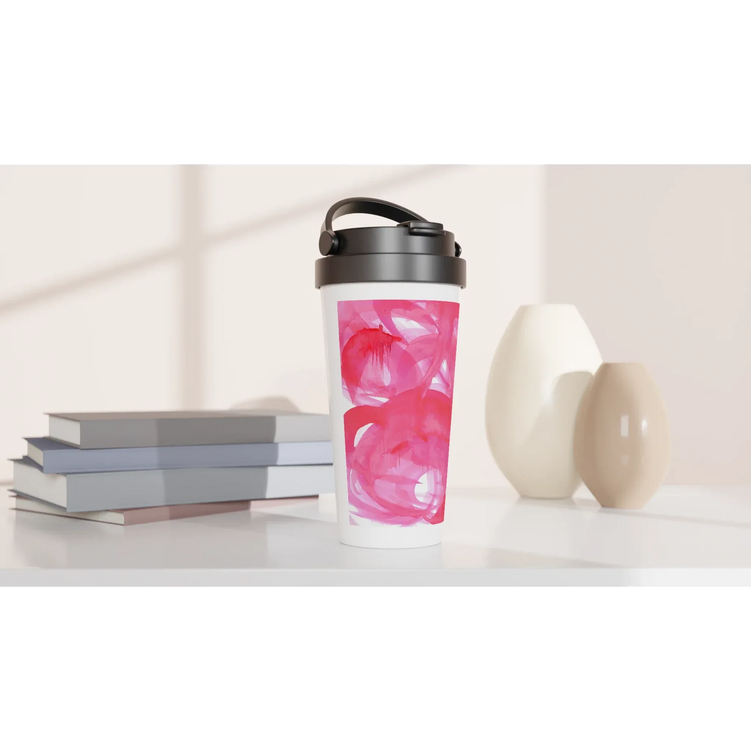Mug de voyage isotherme 450 ml (15 oz) Ruby Drift - Étanche, réutilisable et design artistique - Laure Leprince - Artiste Peintre